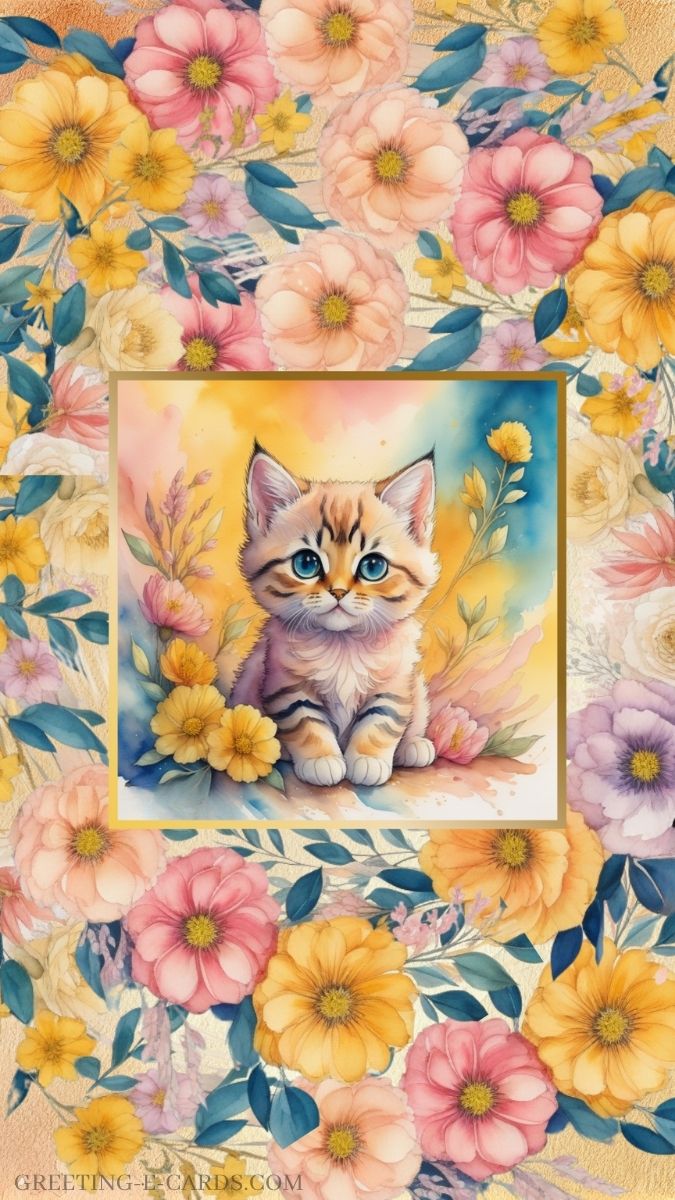 Cute Kitten with Flowers Phone Wallpaper