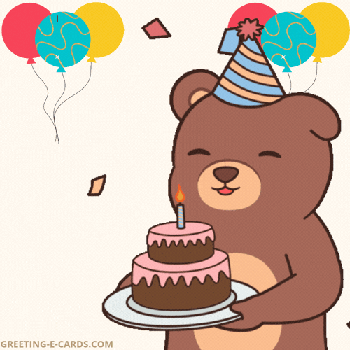 Cute Birthday Bear GIF E-Card with Cake - Free Animated GIF no sign up
