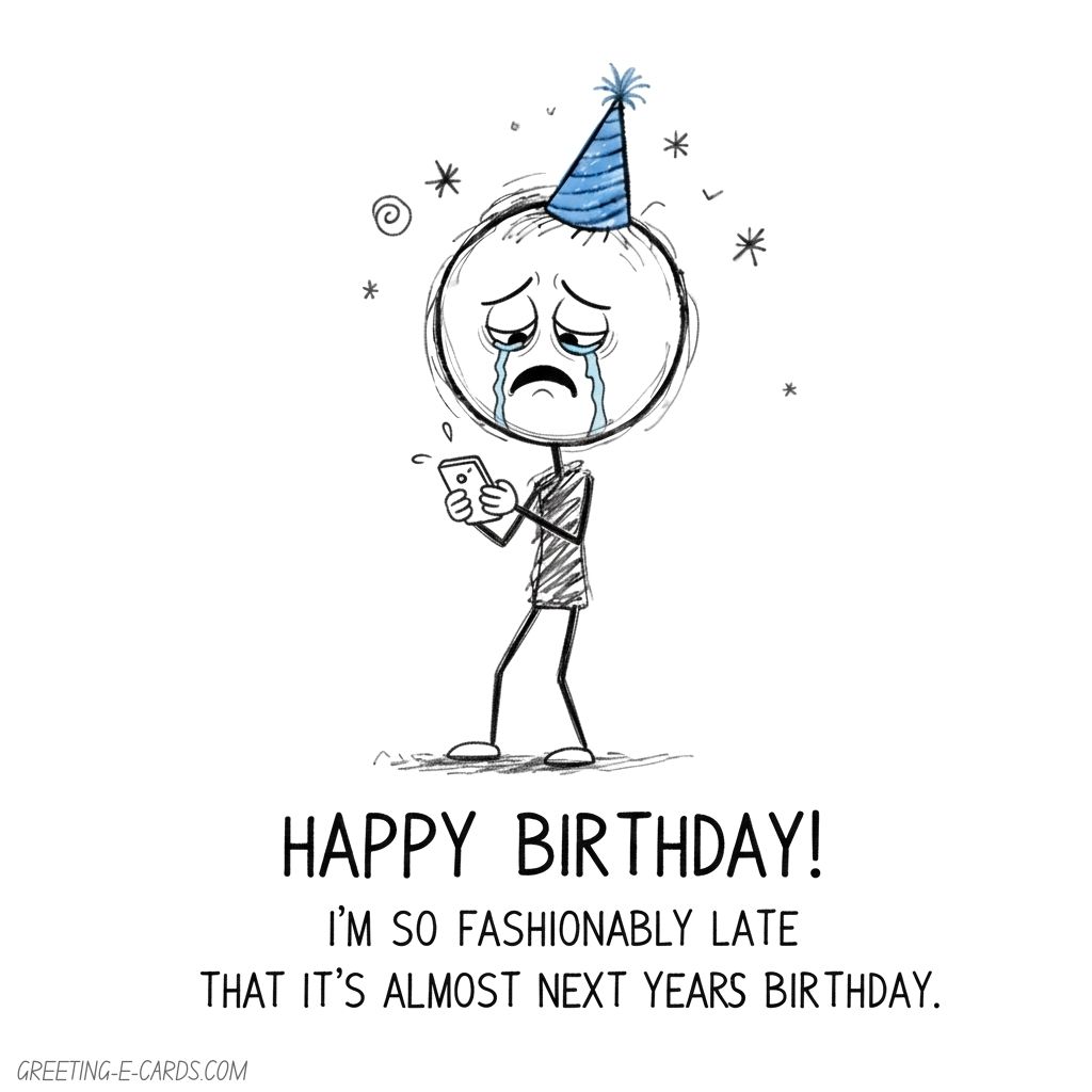 Funny Belated Birthday E-Card with Sad Character - Free E-card no sign up