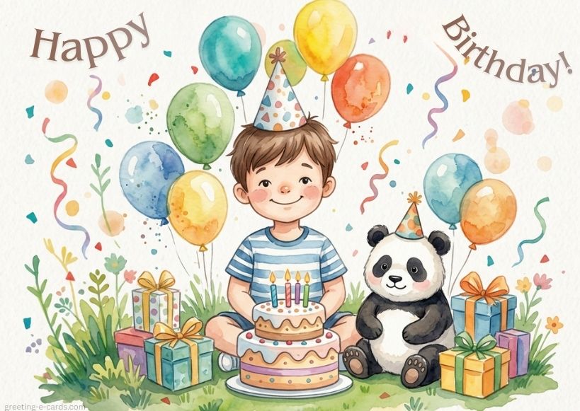 Cute Birthday E-Card for Boys with Panda and Cake - Free E-card no sign up