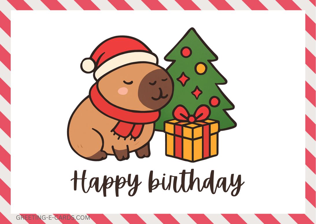 Cute Capybara Birthday E-Card with Christmas Tree