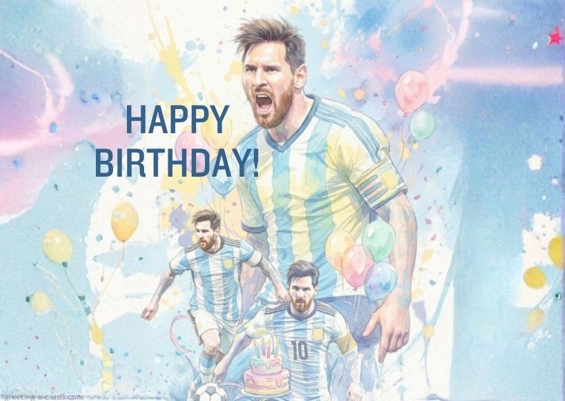 Lionel Messi Watercolor Birthday E-Card - Free E-card no sign up