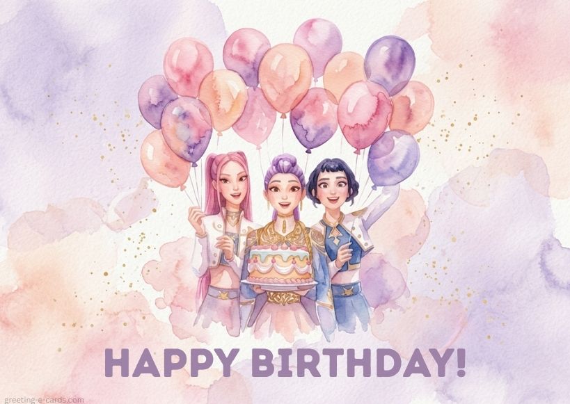 Kpop Demon Hunters Birthday E-Card with Watercolor Friends and Balloons - Free E-card no sign up