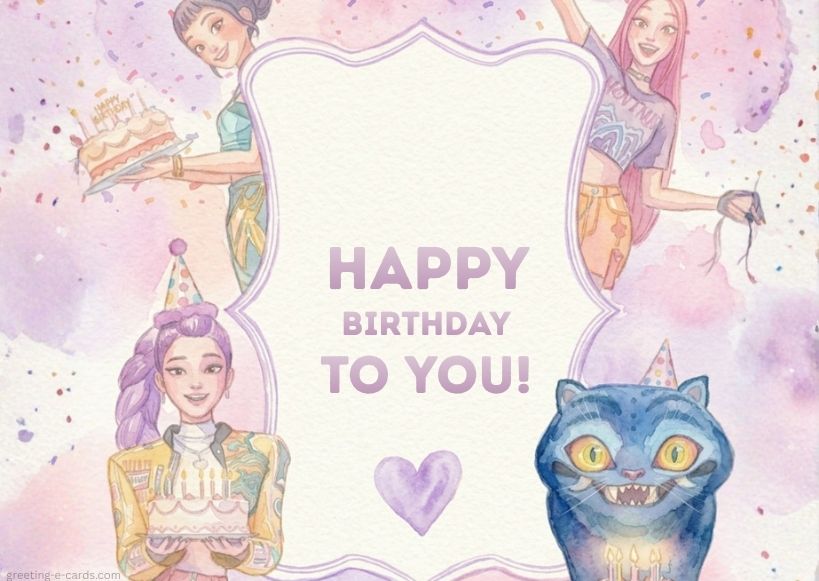 Kpop Demon Hunters pink Birthday E-Card with Confetti - Free E-card no sign up