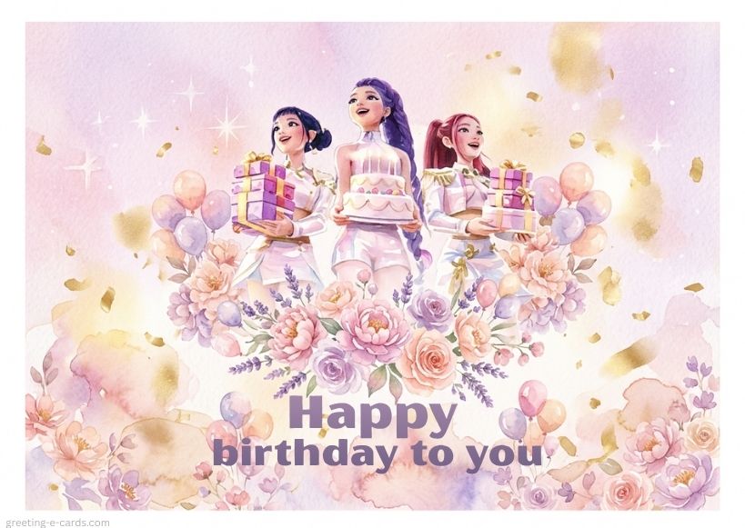 Kpop Demon Hunters Birthday E-Card with Watercolor Flowers - Free E-card no sign up