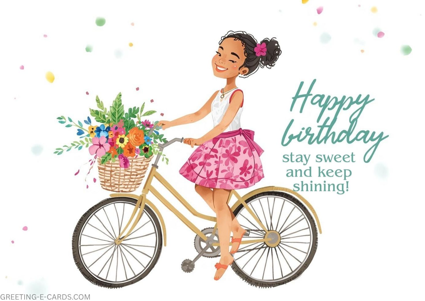 Happy Birthday E-Card for Girls with Flowers and Bicycle - Free E-card no sign up