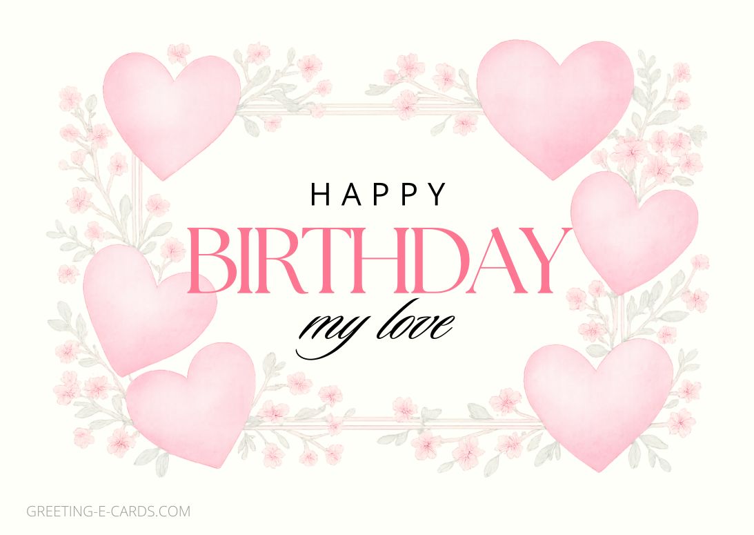 Happy Birthday Lover E-Card with Pink Hearts - Free E-card no sign up