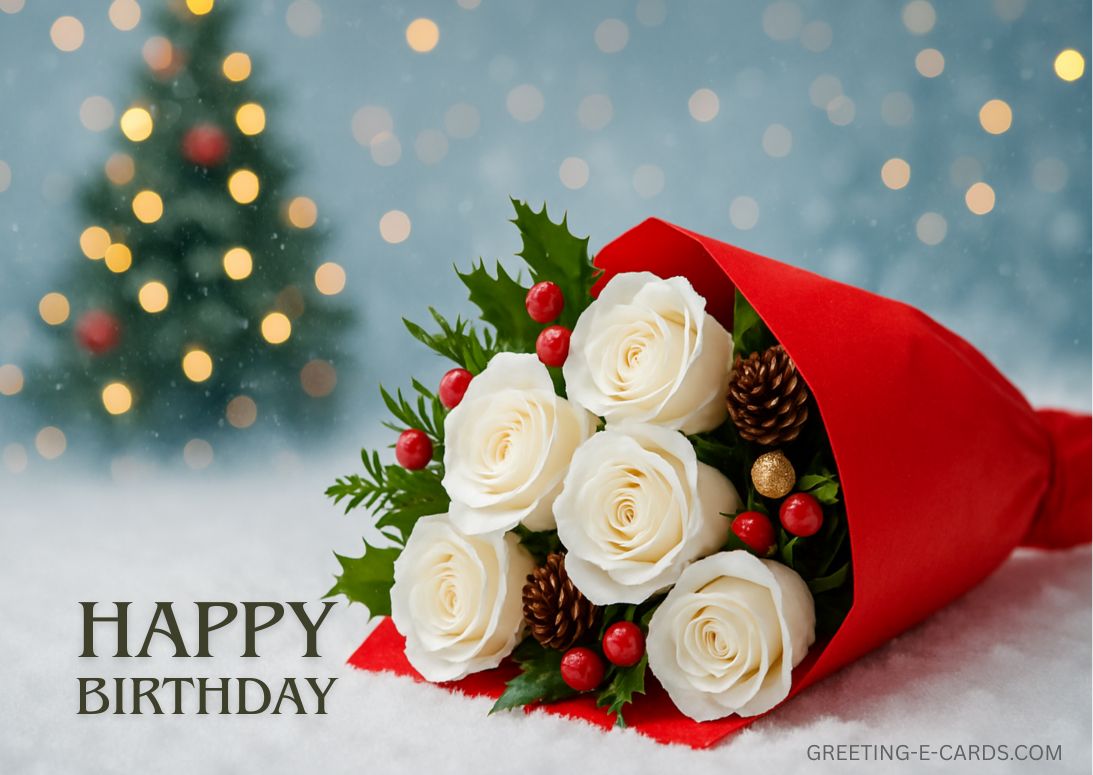 Birthday E-Card with Flowers and Christmas Tree