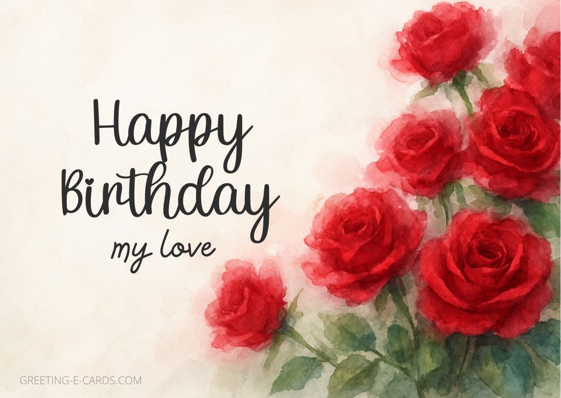 Birthday E-Card with Red Roses for Love - Free E-card no sign up