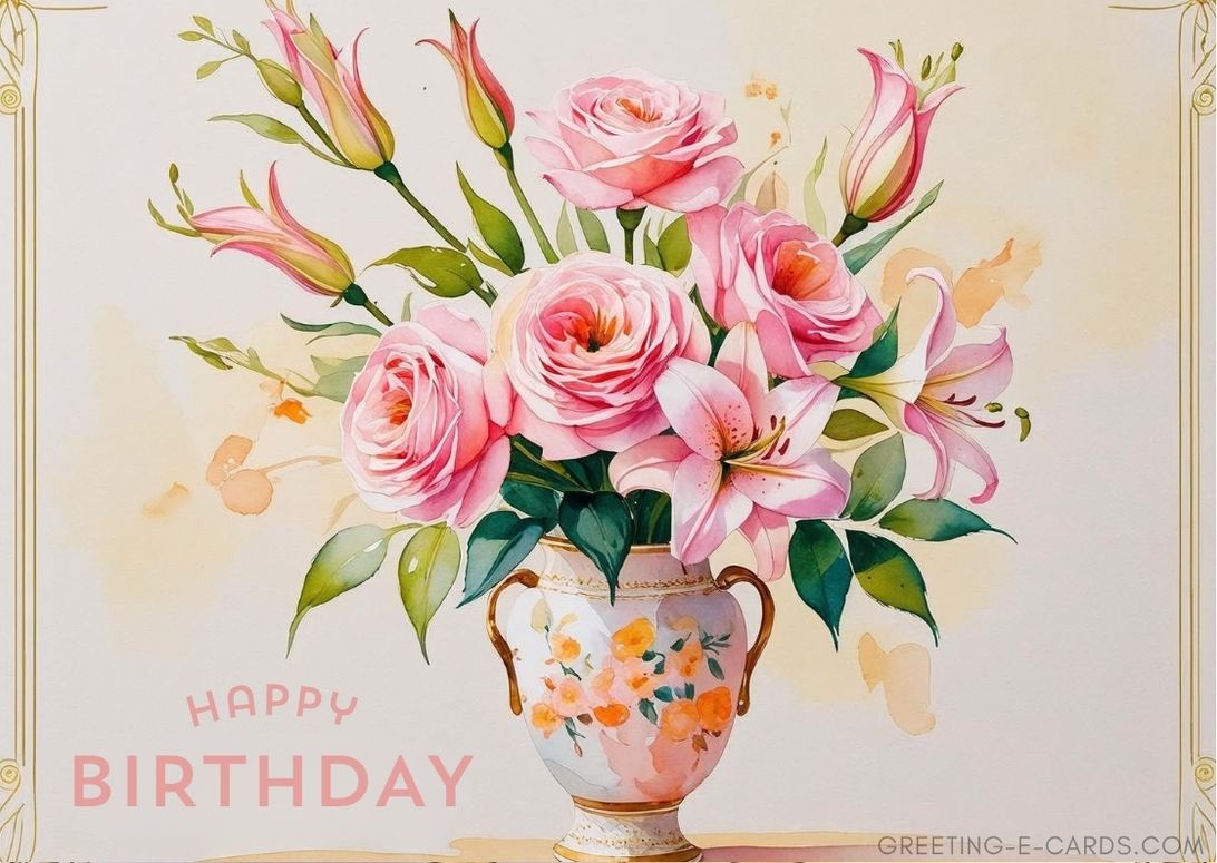 Elegant Pink Roses Birthday E-Card