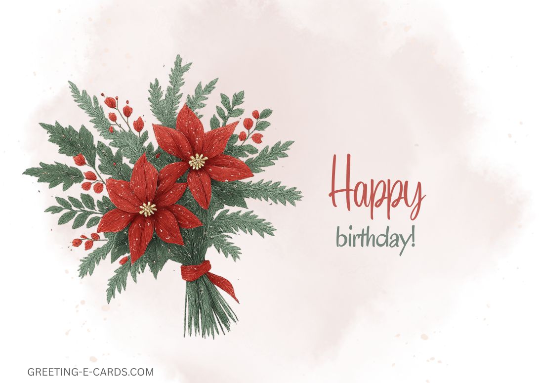 Floral Christmas Birthday E-Card with Red Poinsettias