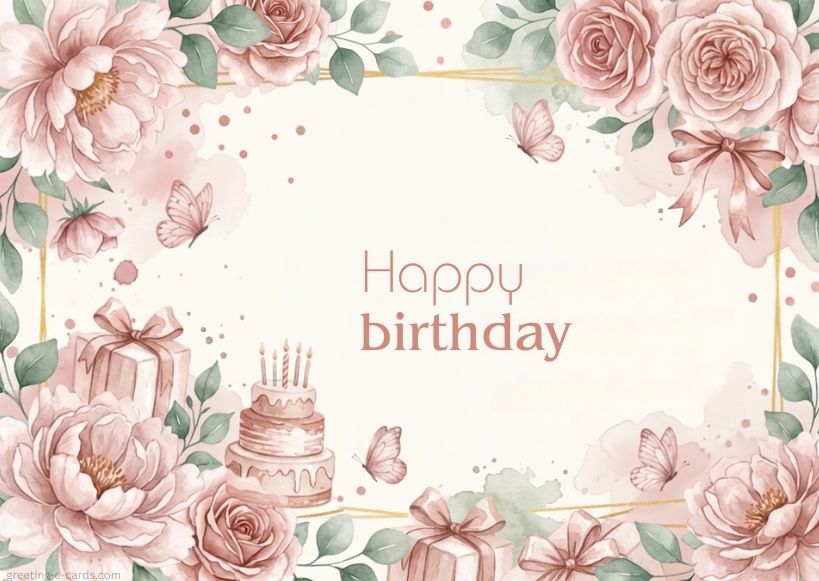 Floral Happy Birthday E-Card with Roses and Butterflies - Free E-card no sign up