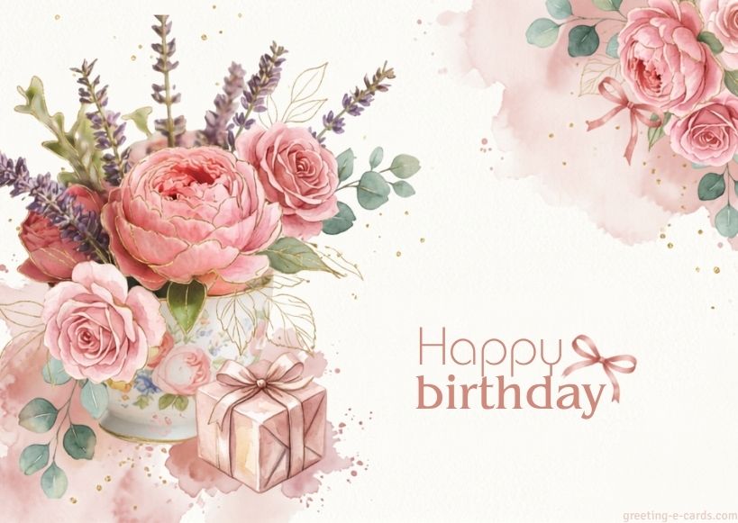 Floral Happy Birthday E-Card with Watercolor Roses - Free E-card no sign up