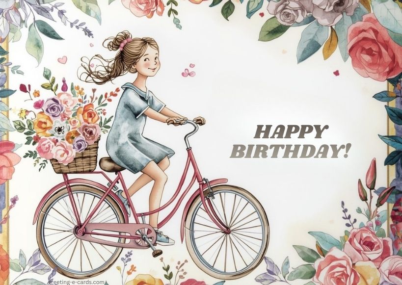 Happy Birthday E-Card with Girl and Flowers - Free E-card no sign up