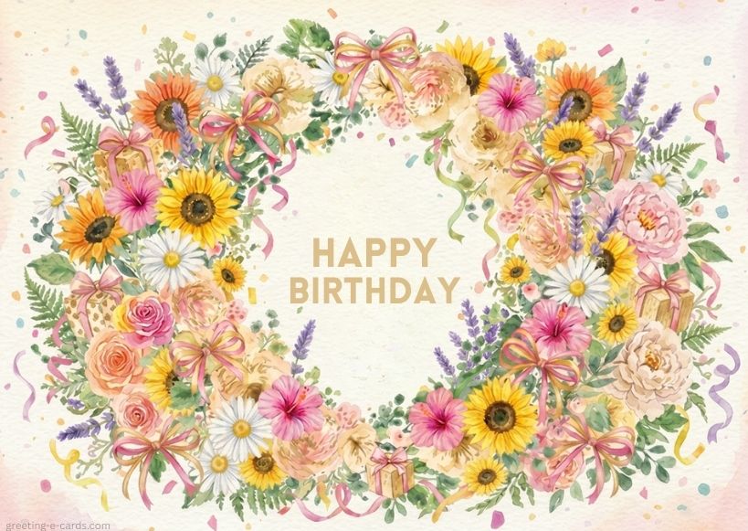 Happy Birthday Flower Wreath E-Card - Free E-card no sign up