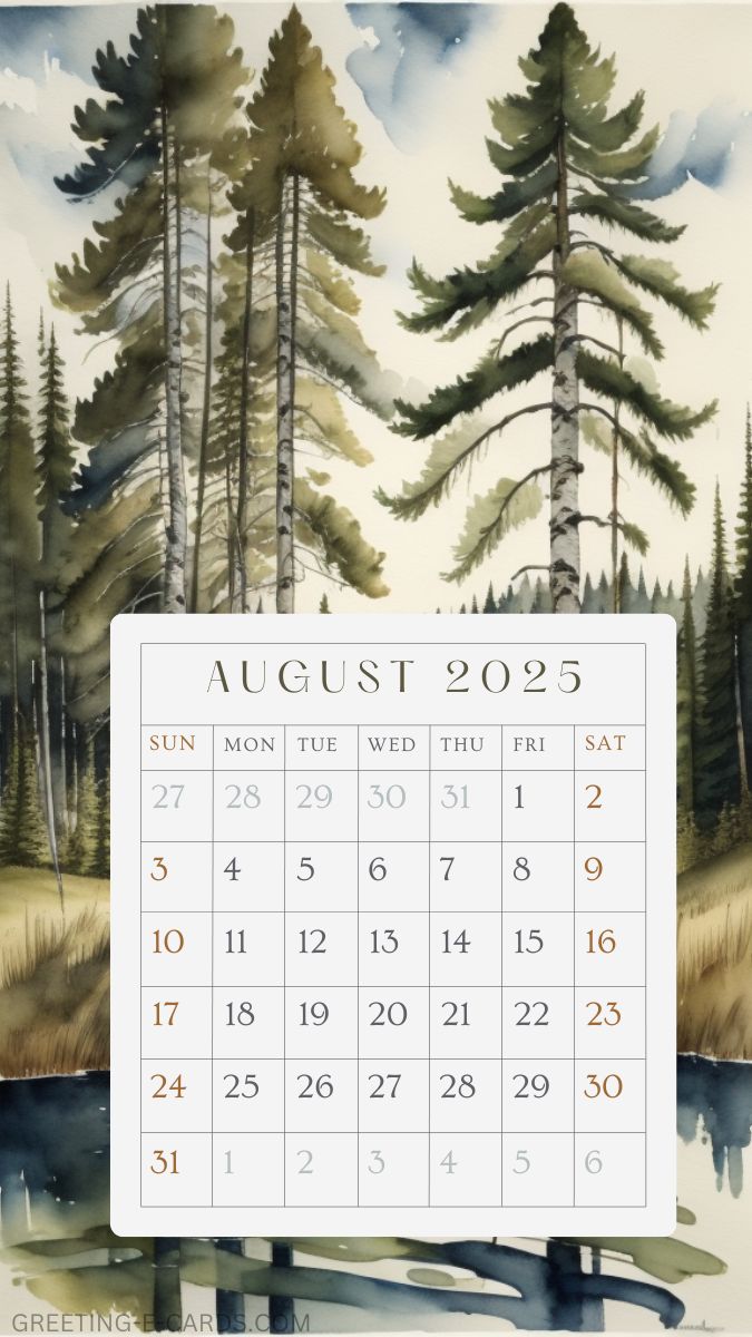 August 2025 Forest Calendar Mobile Background