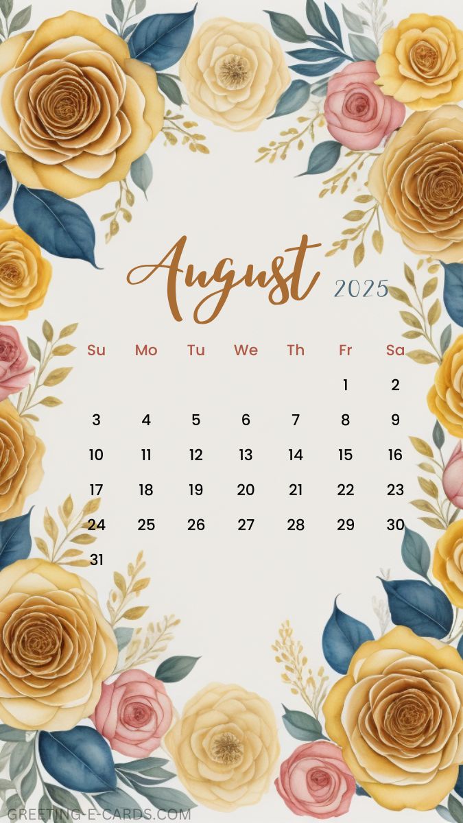 August 2025 Golden Rose Calendar Wallpaper
