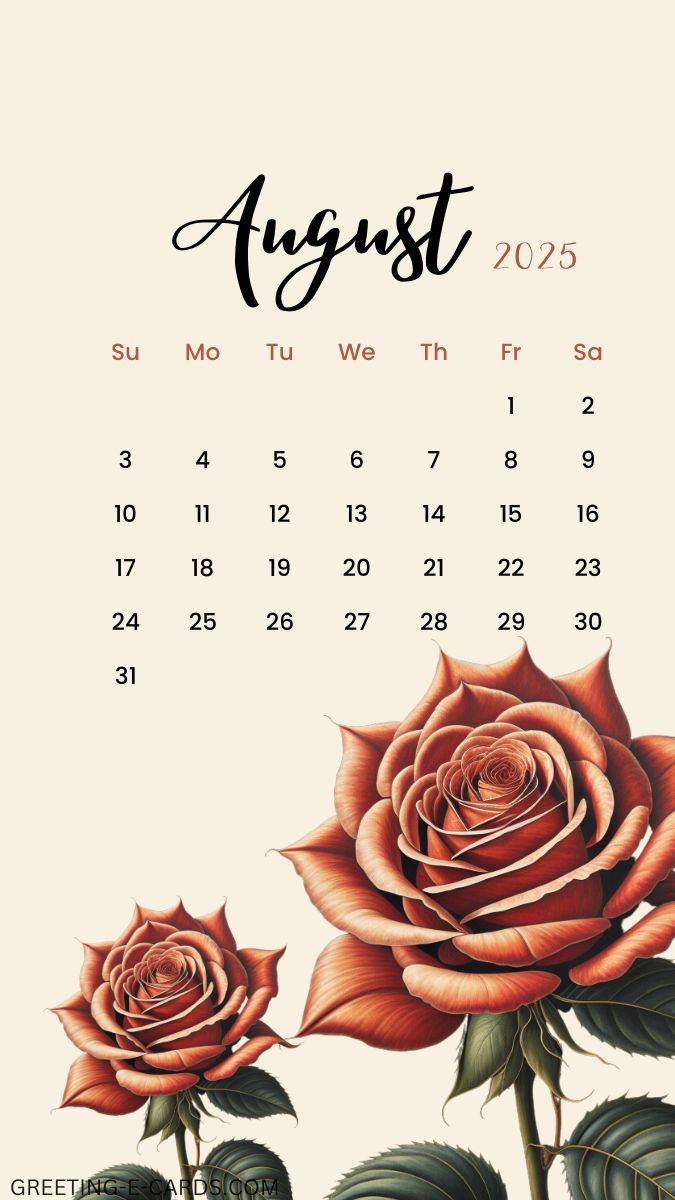 August 2025 Rose Calendar Wallpaper