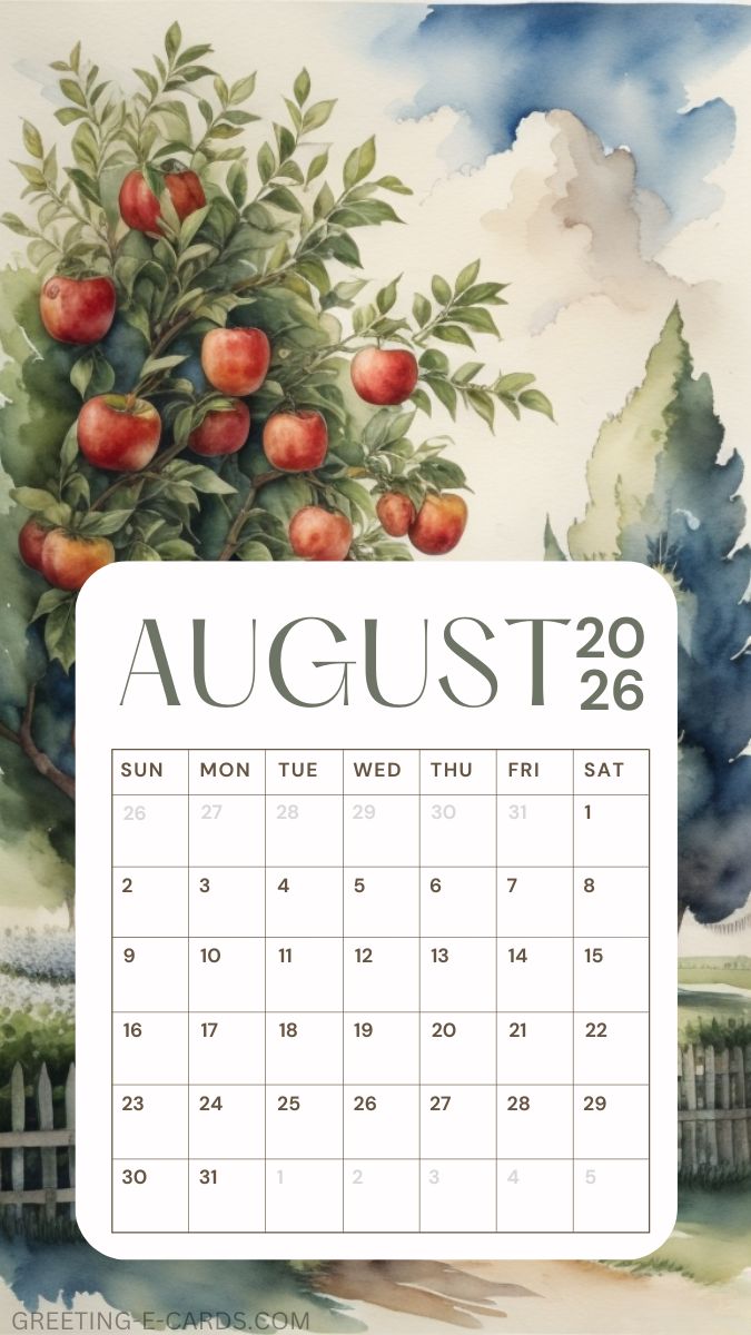 August 2026 Apple Orchard Phone Wallpaper Calendar - Free E-card no sign up