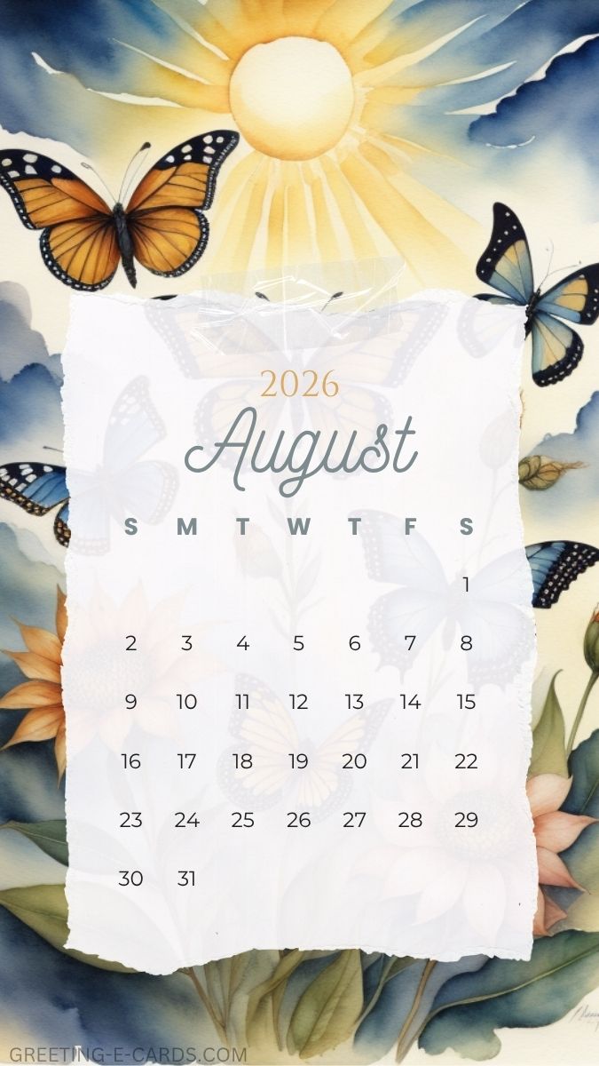 August 2026 Butterfly Calendar Phone Wallpaper - Free E-card no sign up