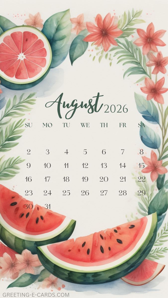 August 2026 Calendar Phone Wallpaper with Watermelon - Free E-card no sign up