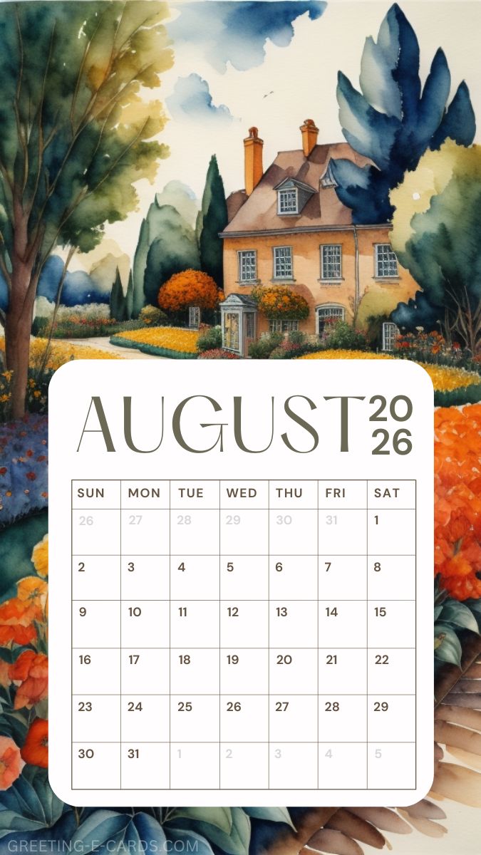 August 2026 Calendar Phone Wallpaper - Free E-card no sign up