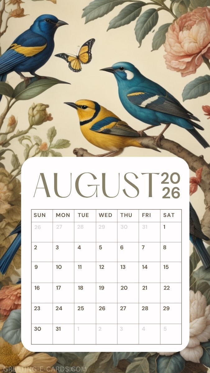 August 2026 Floral Birds Calendar Phone Wallpaper - Free E-card no sign up