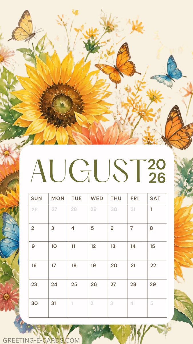 August 2026 Floral Butterfly Calendar Phone Wallpaper - Free E-card no sign up