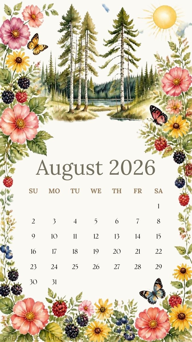 August 2026 Floral Calendar Phone Wallpaper - Free E-card no sign up
