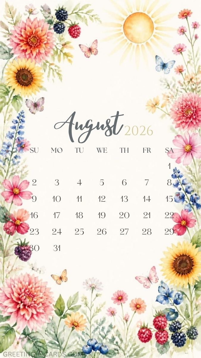 August 2026 Floral Calendar Phone Wallpaper - Free E-card no sign up