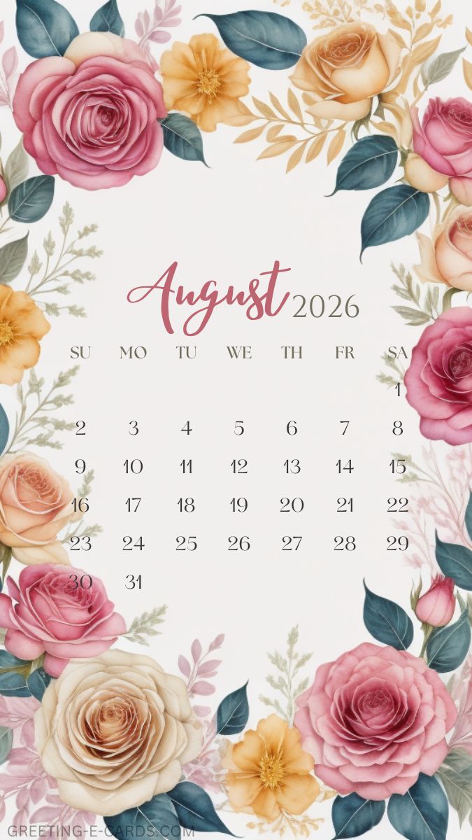 August 2026 Floral Calendar Phone Wallpaper - Free E-card no sign up