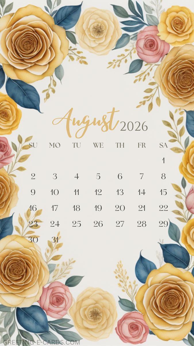 August 2026 Floral Calendar Phone Wallpaper - Free E-card no sign up