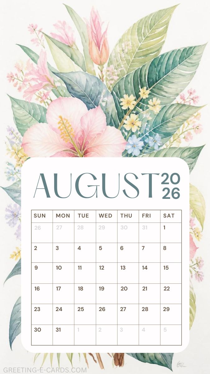 August 2026 Floral Calendar Phone Wallpaper - Free E-card no sign up