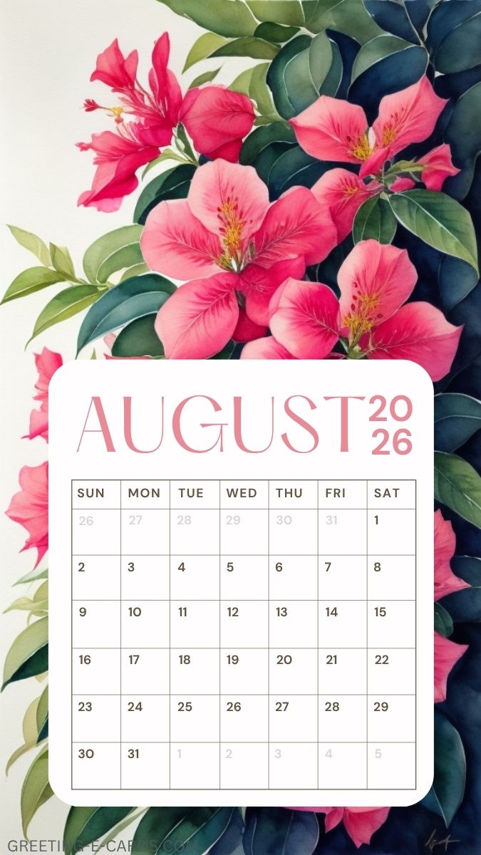 August 2026 Floral Calendar Phone Wallpaper - Free E-card no sign up