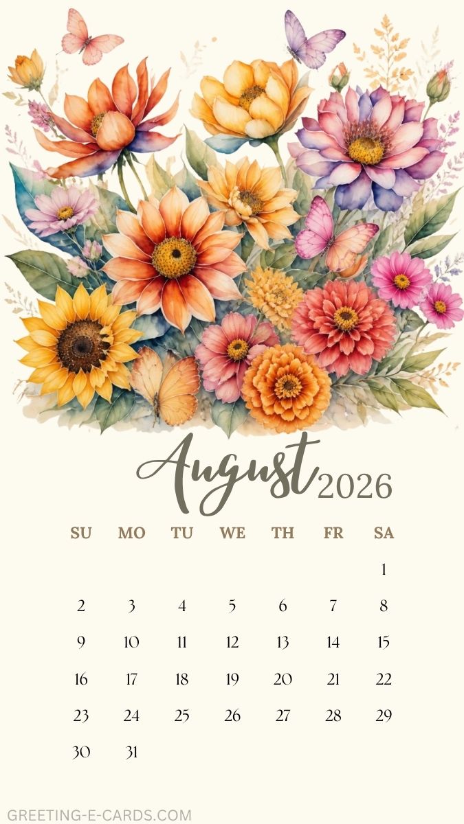 August 2026 Floral Calendar Phone Wallpaper - Free E-card no sign up
