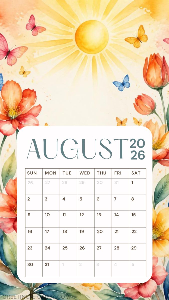August 2026 Floral Calendar Phone Wallpaper - Free E-card no sign up