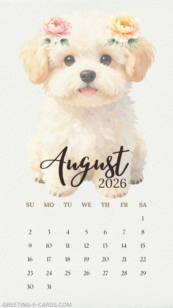 August 2026 Puppy Calendar Phone Wallpaper - Free E-card no sign up