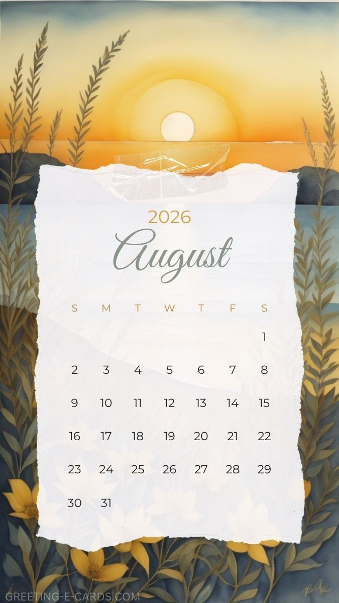 August 2026 Sunset Calendar Phone Wallpaper - Free E-card no sign up