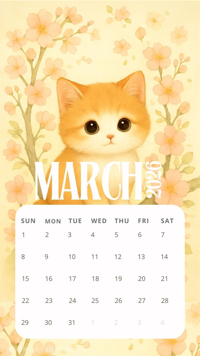 March 2026 Calendar Phone Wallpaper with Flowers - Free E-card no sign up