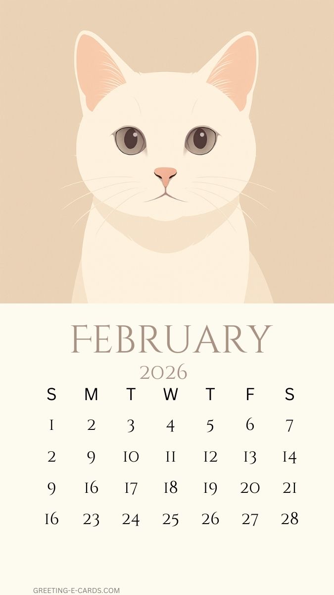 Cute Cat February 2026 Calendar Phone Wallpaper