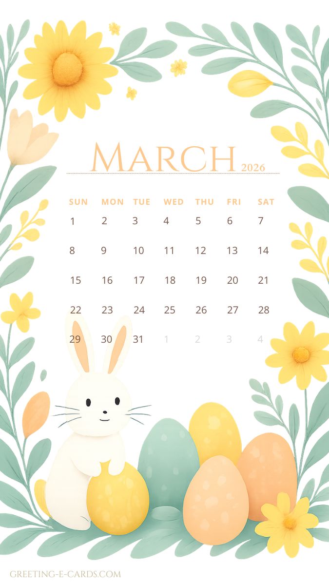 Cute March 2026 Calendar Phone Wallpaper - Free E-card no sign up