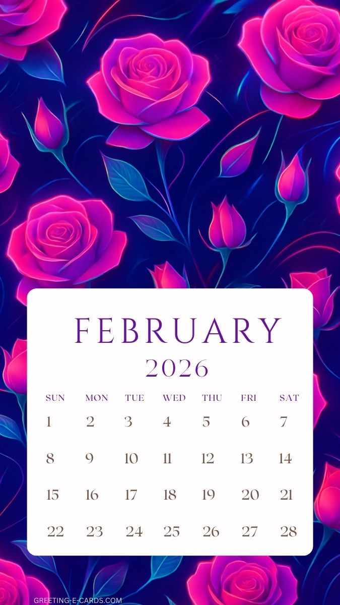 February 2026 Calendar Phone Wallpaper with Roses
