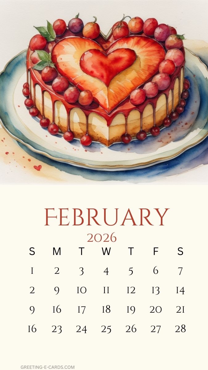 February 2026 Calendar Phone Wallpaper with Heart Cake