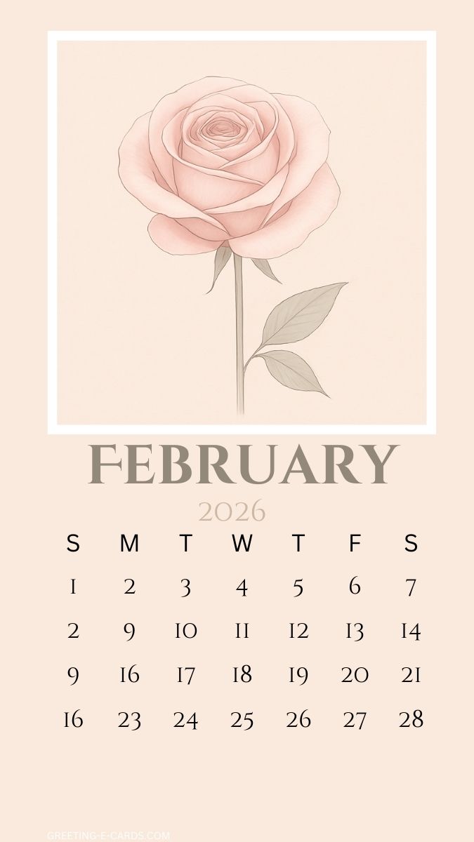 February 2026 Calendar Phone Wallpaper with Rose