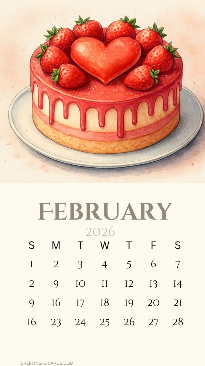 February 2026 Calendar Phone Wallpaper with Strawberry Cake