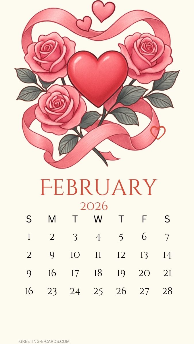 February 2026 Calendar Roses Phone Wallpaper