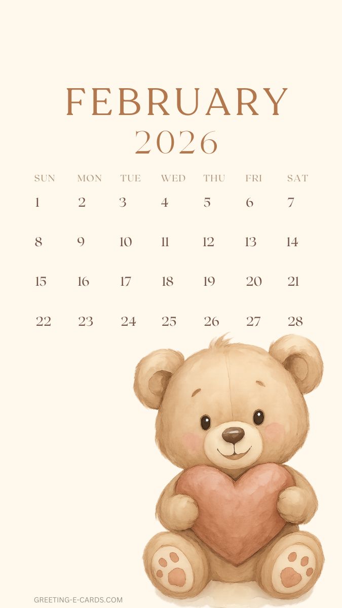 February 2026 Calendar Teddy Bear Phone Wallpaper