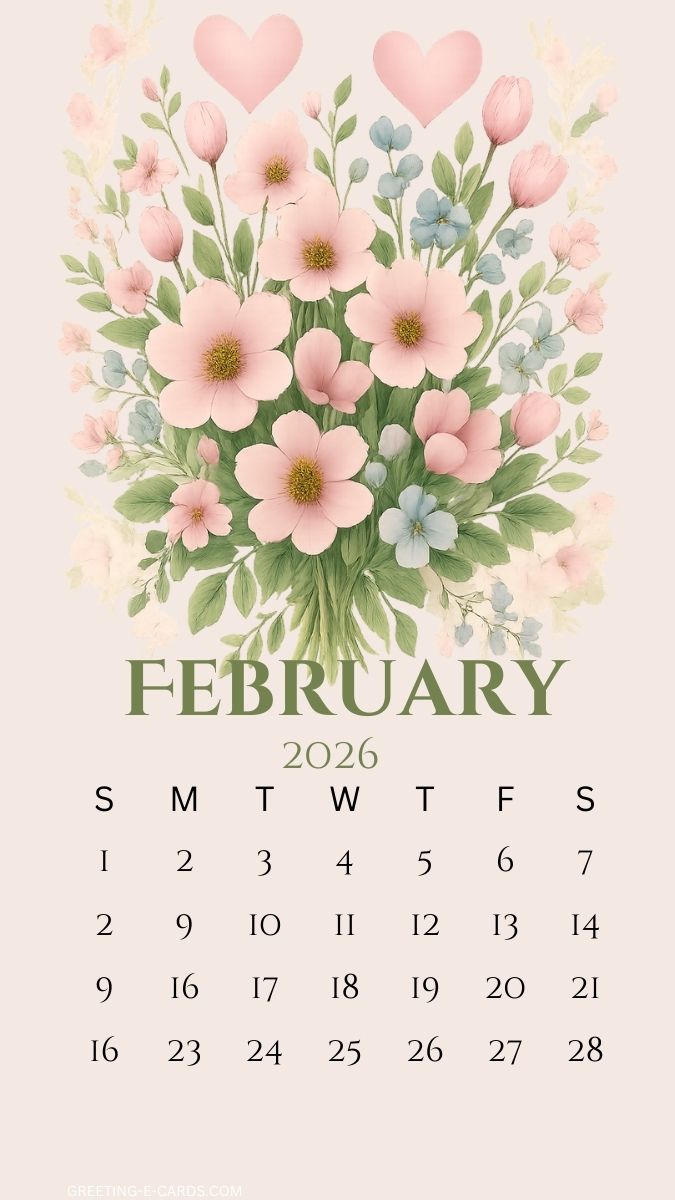 February 2026  Floral Calendar Phone Wallpaper