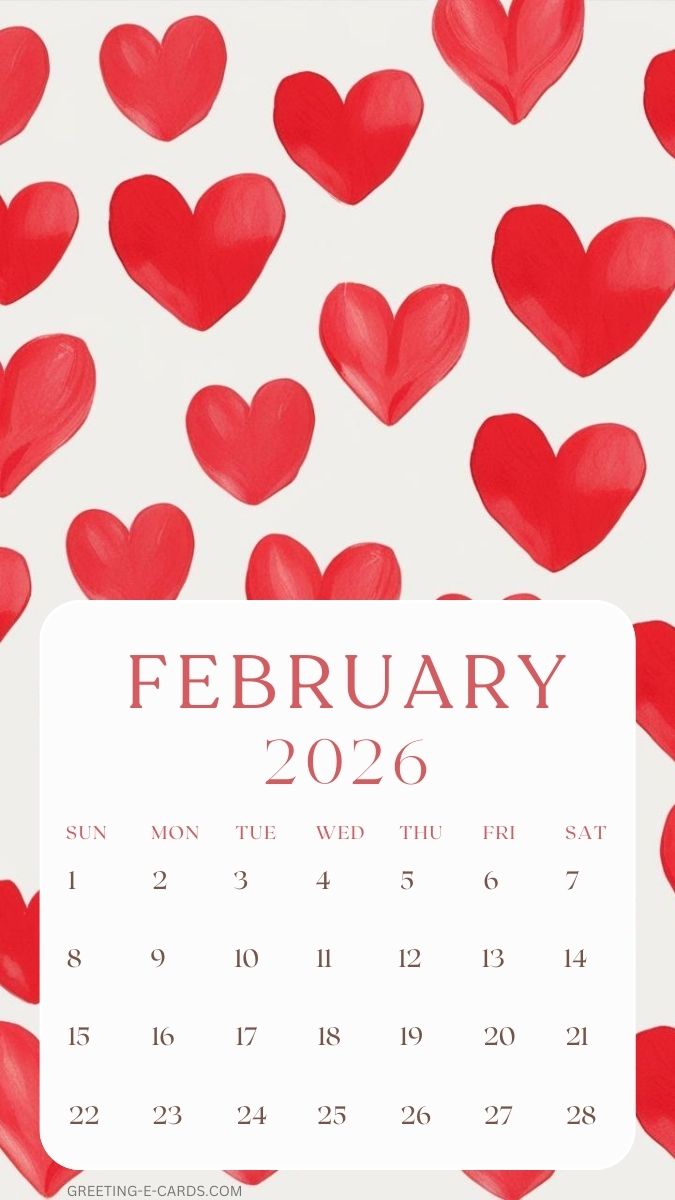 February 2026 Hearts Calendar Phone Wallpaper