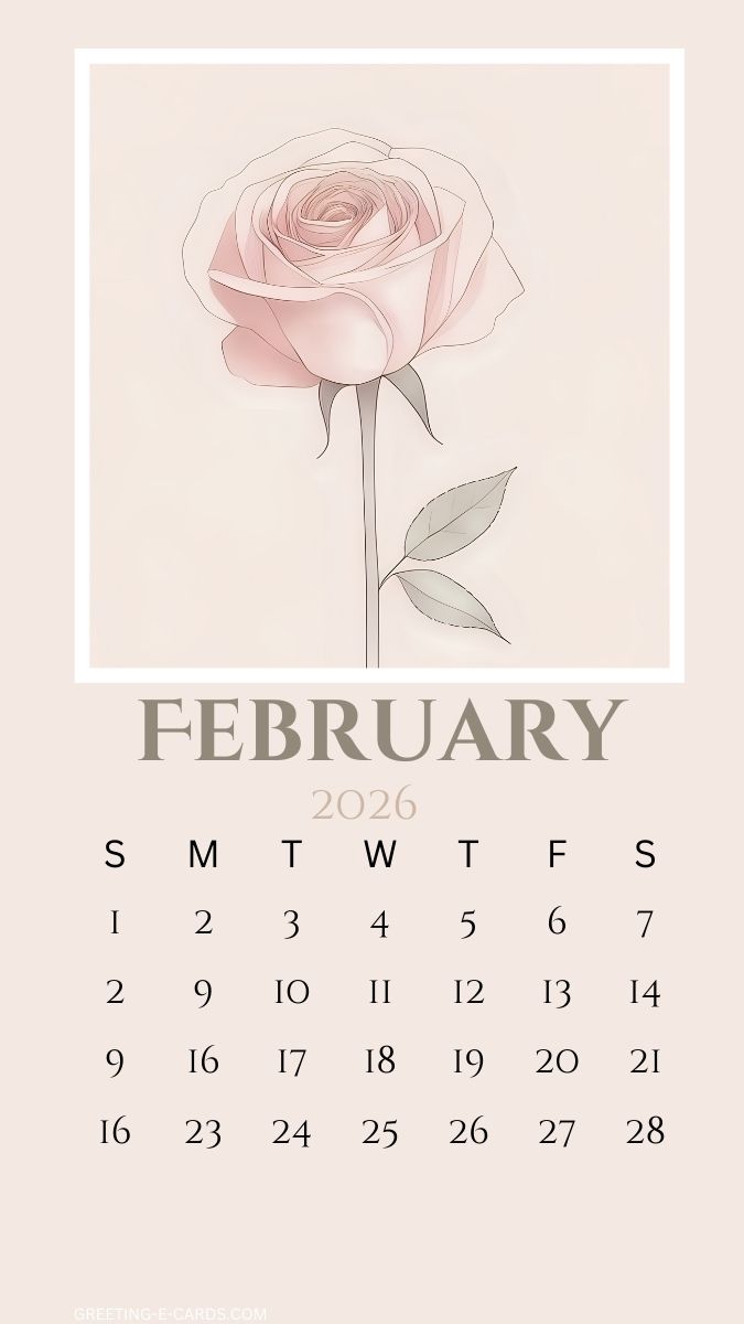 February 2026 Rose Calendar Phone Wallpaper
